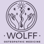 Wolff Osteopathic logo, inside a circle hands reach toward a left facing asclepius surrounded by crescent an full moon and two stars